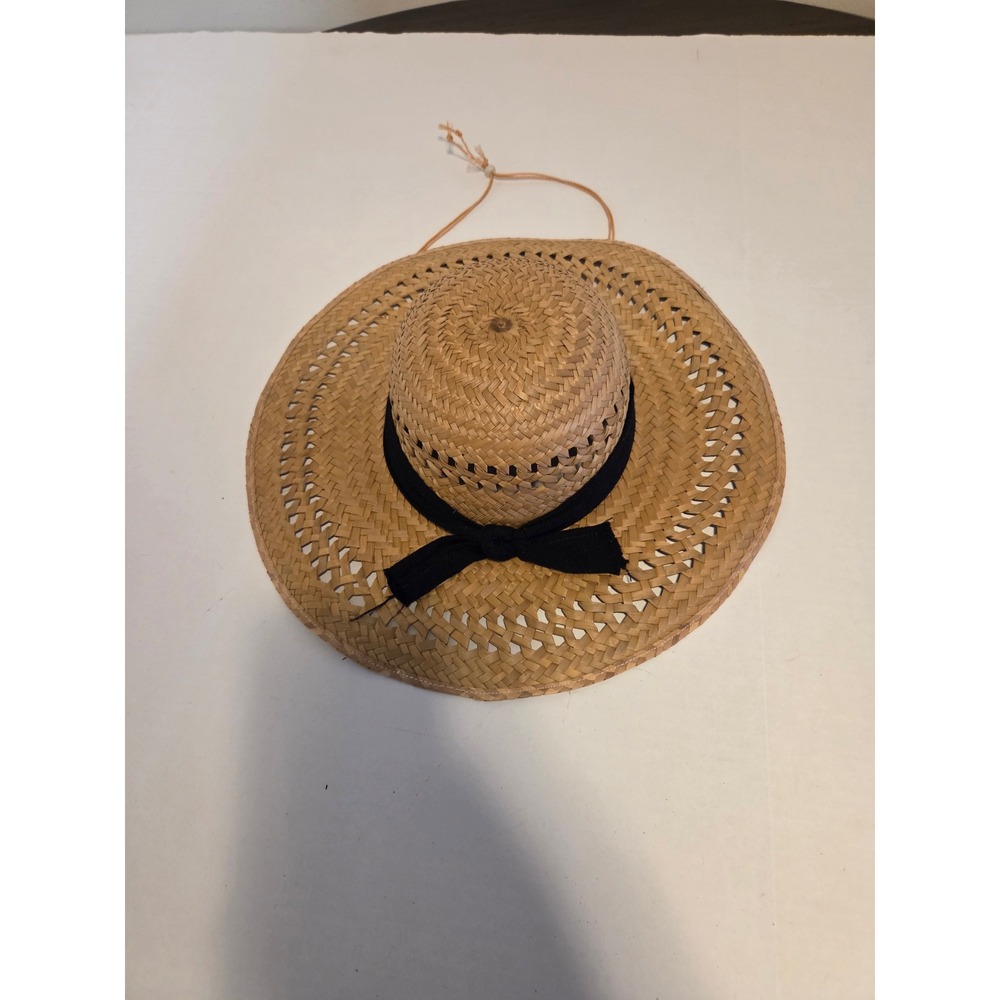 Woven Straw Sun Hat Wide Brim Black Ribbon Bow Chin Strap Summer Beach Tan